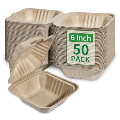 Aricsen Compostable 50 Pack 6x6 Inch Disposable Square Small Lunch Box Takeout Containers with Lid To Go Take Out Clamshell for Food, Eco-Friendly Biodegradable Bagasse, PFAS-Free, Unbleached Brown