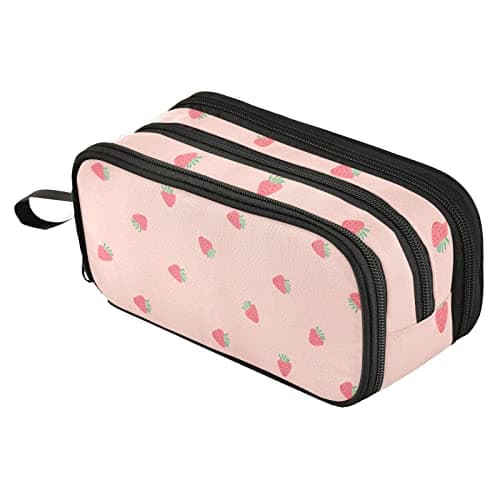 Fustylead Sweet Pink Strawberry Floral Large Pencil Pen Case Stationery Bag, 3 Compartments School College Office Desk Organizer Storage Pouch Marker for Teen Boys Girls Students