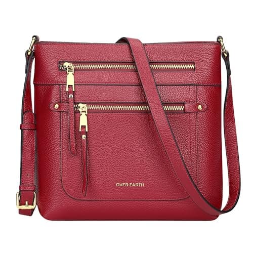 Over Earth Leather Crossbody Bags for Women Medium Shoulder Purse Multi Pocket Shoulder Handbag with Adjustable Strap(O199E Wine Red)
