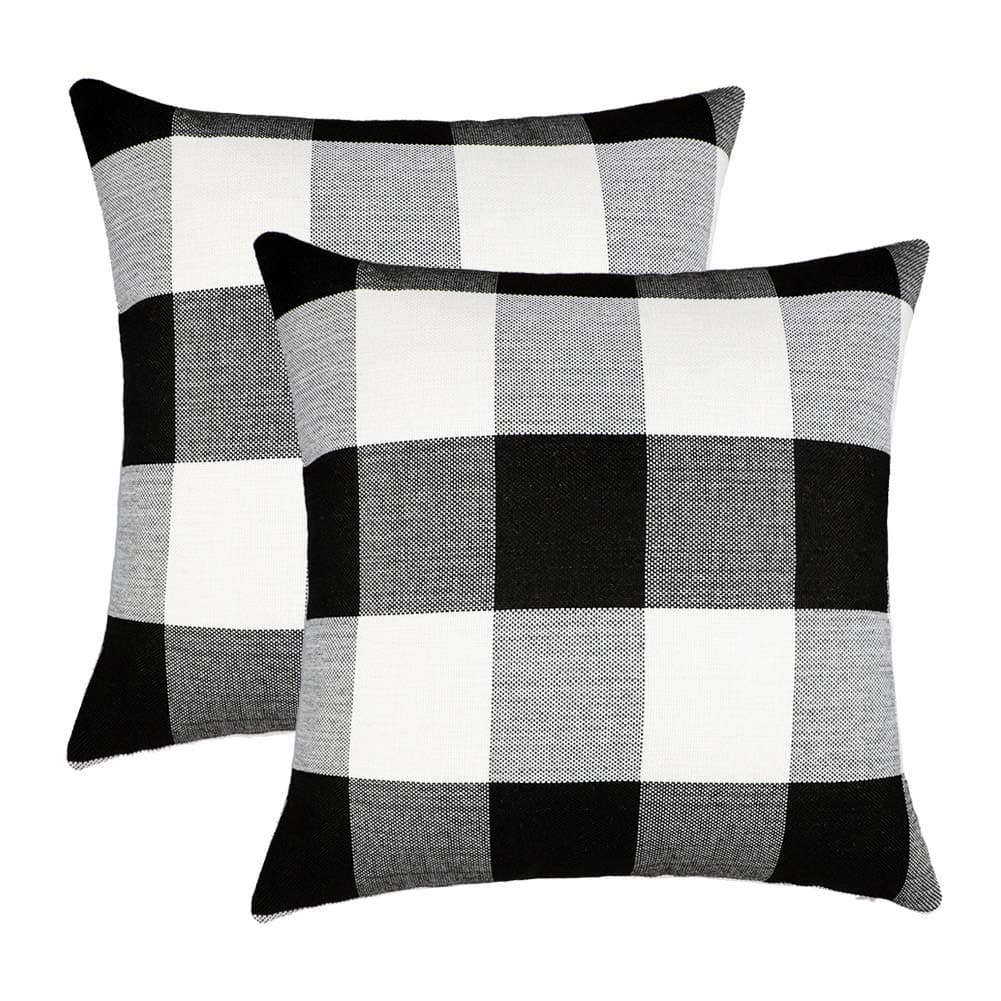 4TH Emotion Set of 2 Farmhouse Buffalo Check Plaid Throw Pillow Covers Cushion Case Polyester Linen for Fall Home Decor Black and White 16 x 16 Inches