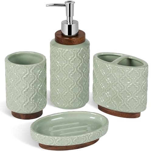 RQYIXI 4 Piece Bathroom Accessories Set, Green Ceramic Bath Accessory Set with Wood Accents, Soap Dispenser, Toothbrush Holder, Tumbler and Soap Dish, Elegant Bathroom Countertop Decor