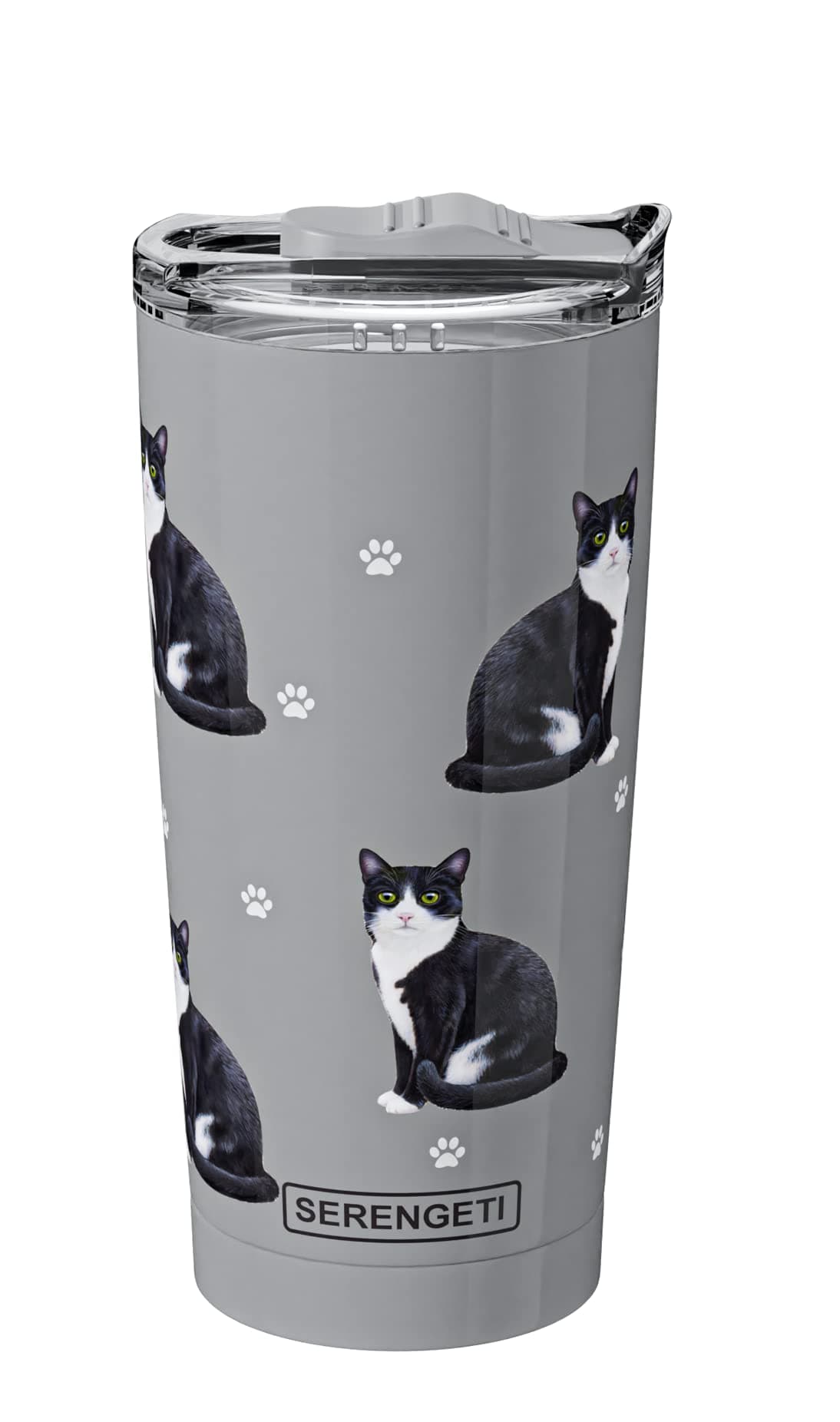 SERENGETI Black And White Cat 20 Oz. Stainless Steel, Vacuum Insulated Tumbler with Spill Proof Lid - 3D Print - Insulated Travel mug for Hot or Cold Drinks (Black And White Cat Tumbler)