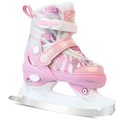 LEVYTEMP Adjustable Ice Skates for Kids Boys Girls - Warm Fleece Lined, 4 Size Adjustable Beginner Snowflake Blades Ankle Support Figure Skates for Outdoor and Rink,Pink