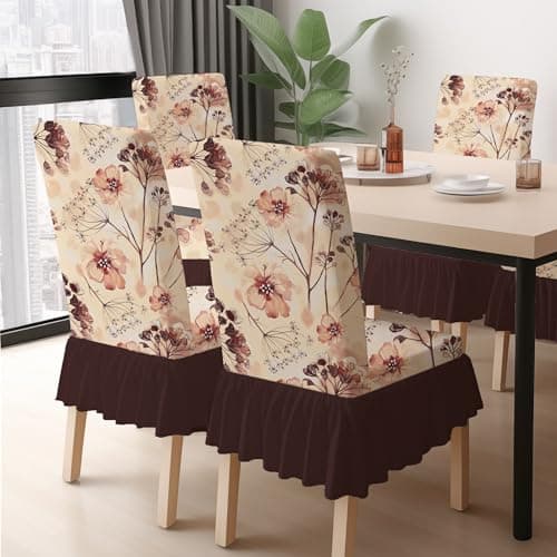 BRIDA Stretchable Floral Geometric Printed Dining Chair Covers Frill Skirt Elastic Chair Seat Case Protector, Slipcovers (4 Chair Cover, Watercolor Leaves)