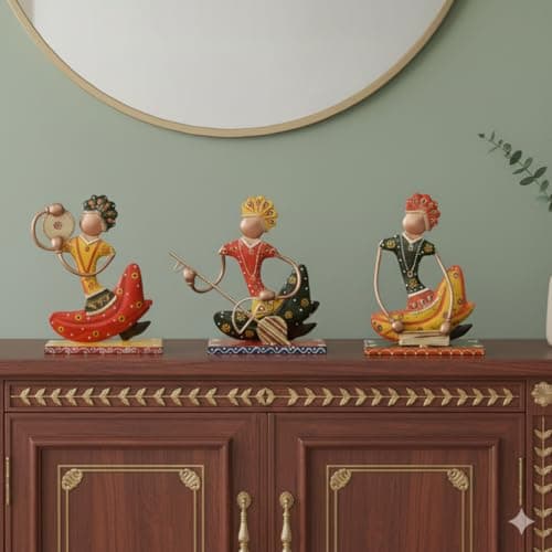 Handicrafts Paradise Wrought Iron Musician Men Set of 3pc Showpiece for Home décor, Multicolor,7.75 inch