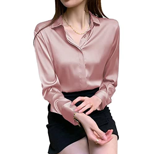 Women's Satin Blouse Fashion Long Sleeve Satin Silk Shirt Work Office Top Casual Shirt,Pink,L