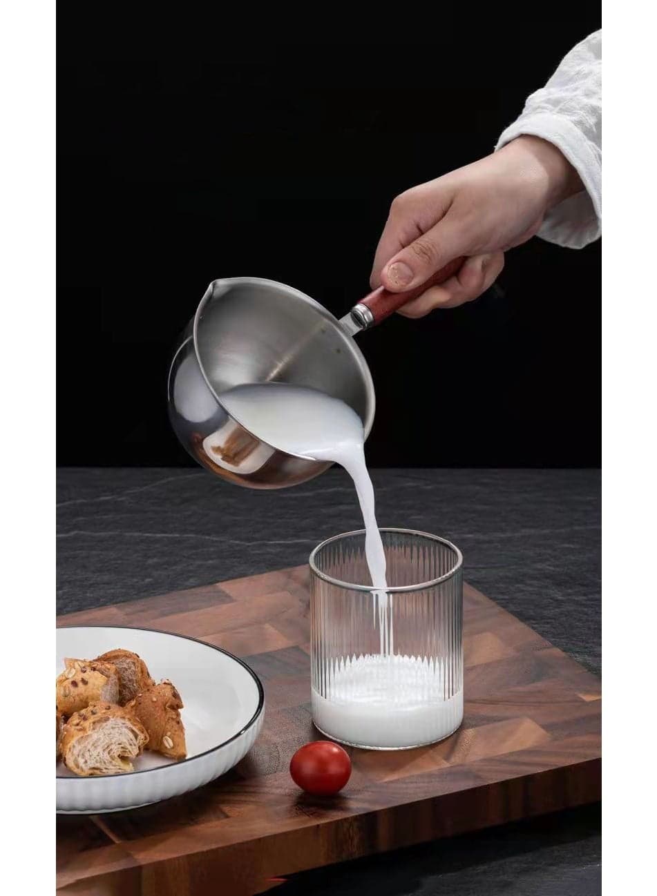 Premium 304 Stainless Steel 300ml Mini Pouring Pot | Mirror-Finished Body With Natural Wood Handle | Compatible With Induction/Gas/All Stovetops | Perfect For Coffee Art/Milk Frothing/Sauce Drizzling | Precision Spout For Controlled Pouring | Essential Barista & Baking Tool