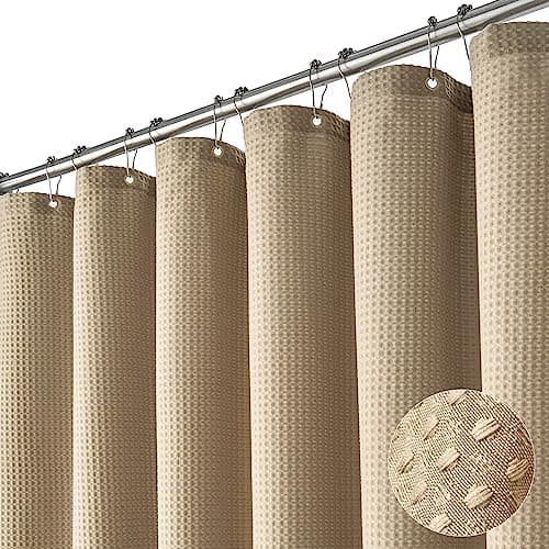 Dynamene Stall Fabric Shower Curtain - 54x78 inch Long Waffle Weave Weighted Thick Cloth Shower Curtains for Bathroom,Neutral Heavy Duty Hotel Spa Luxury Bath Curtain Set with 10 Hooks, Beige/Khaki