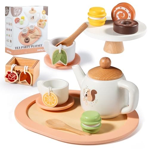 OMYBaby Wooden Tea Set for Little Girls 19pcs Party Playset With Teapot Cups Dessert Stand Macaroons Cakes Tray Time Playset Pretend Play Kitchen Toys Gift for Girls Toddlers 3Y