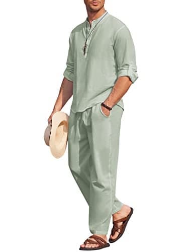 COOFANDY Mens 2 Pieces Cotton Linen Set Long Sleeve Henley Shirts Casual Beach Pants With Pockets Summer Yoga Outfits