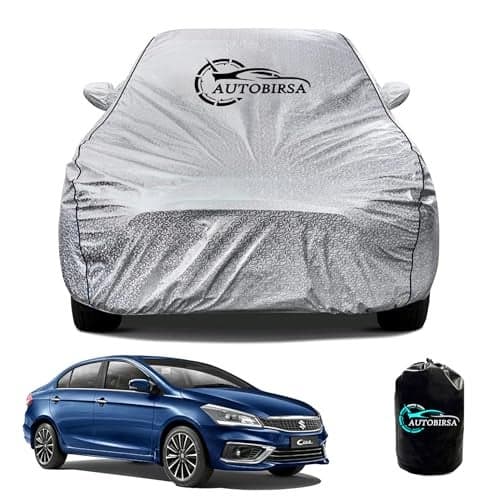 AUTOBIRSA Waterproof Car Body Cover for Maruti Ciaz with Mirror Pocket and Soft Cotton Lining (4 Side Elastic Triple Stitched & Metallic Silver with Black Piping Style)