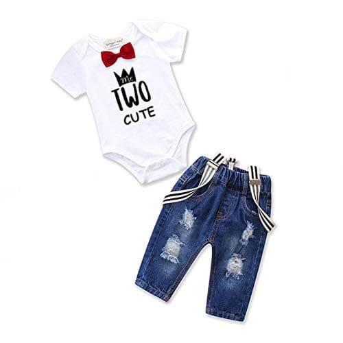 Pinleck Toddler Baby Boy Birthday Clothes Set Bowtie Romper Suspenders Ripped Denim Pants Outfits (Two Birthday-1Short, 2-3T)