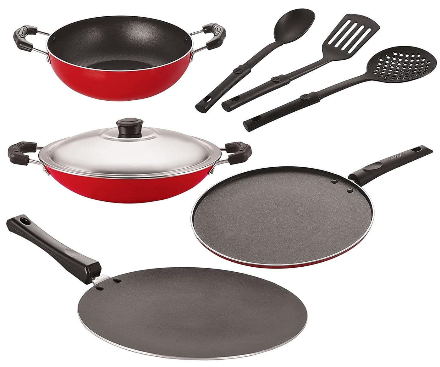 NIRLON Nonstick Coated Aluminium 7 Pcs Set of Concave Tawa-28.5cm,Kadhai-22cm,AppaChatti-22.5cm,Smart Tawa-29cm & 3 Spoon (2.6mm_CT12_KD12_CHATTI_ST12_3SPN)
