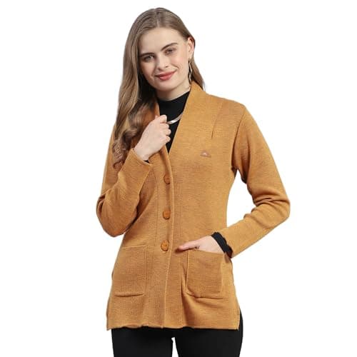 Monte Carlo Womens Solid Mustard V Neck Full Sleeve Cardigan (1242220VN-2405-38)