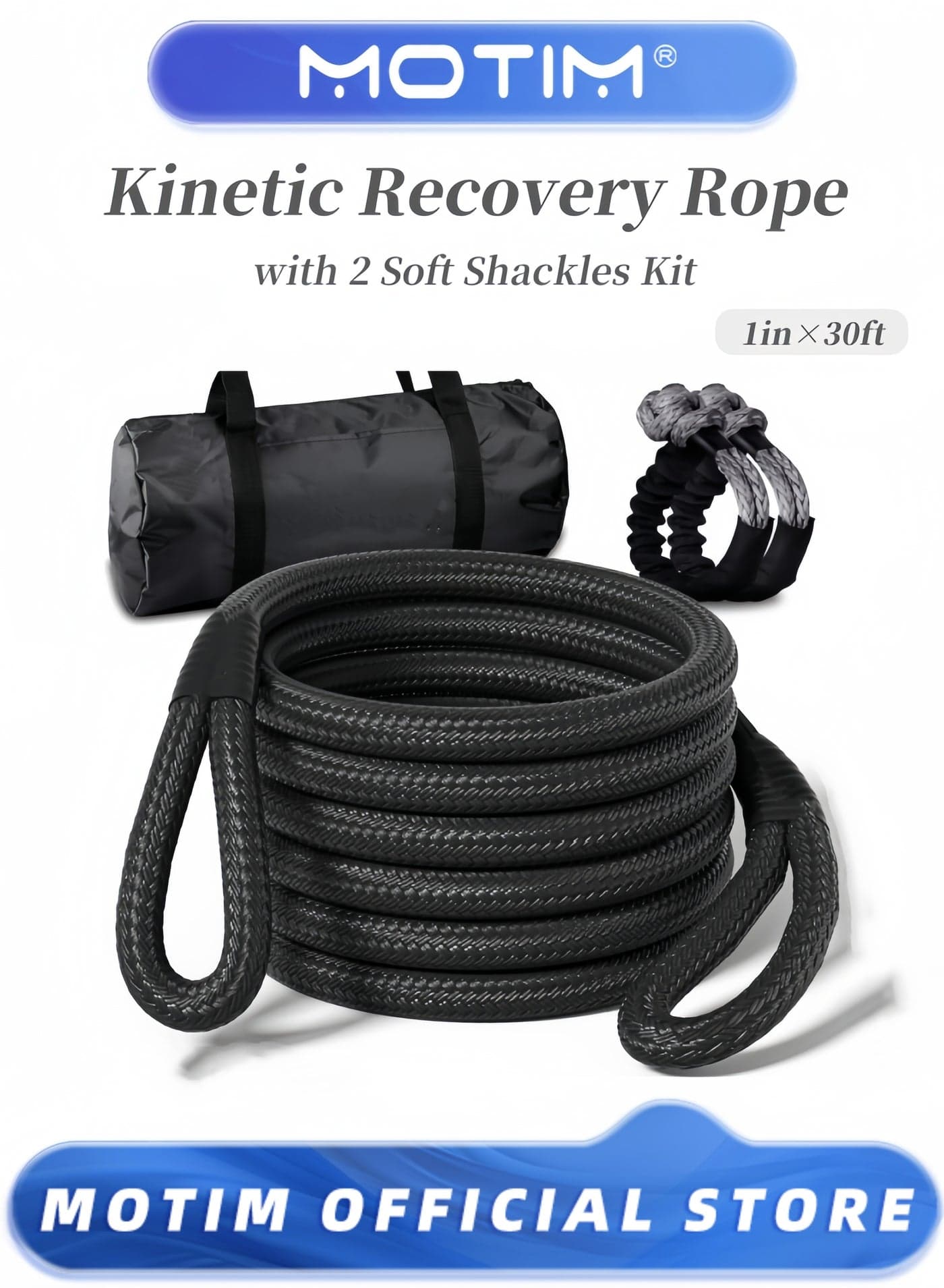 1in×30ft Kinetic Recovery Rope Kit Off-road Snatch Strap with 2 Soft Shackles for UTV ATV Truck Jeep and Tractor Recovery