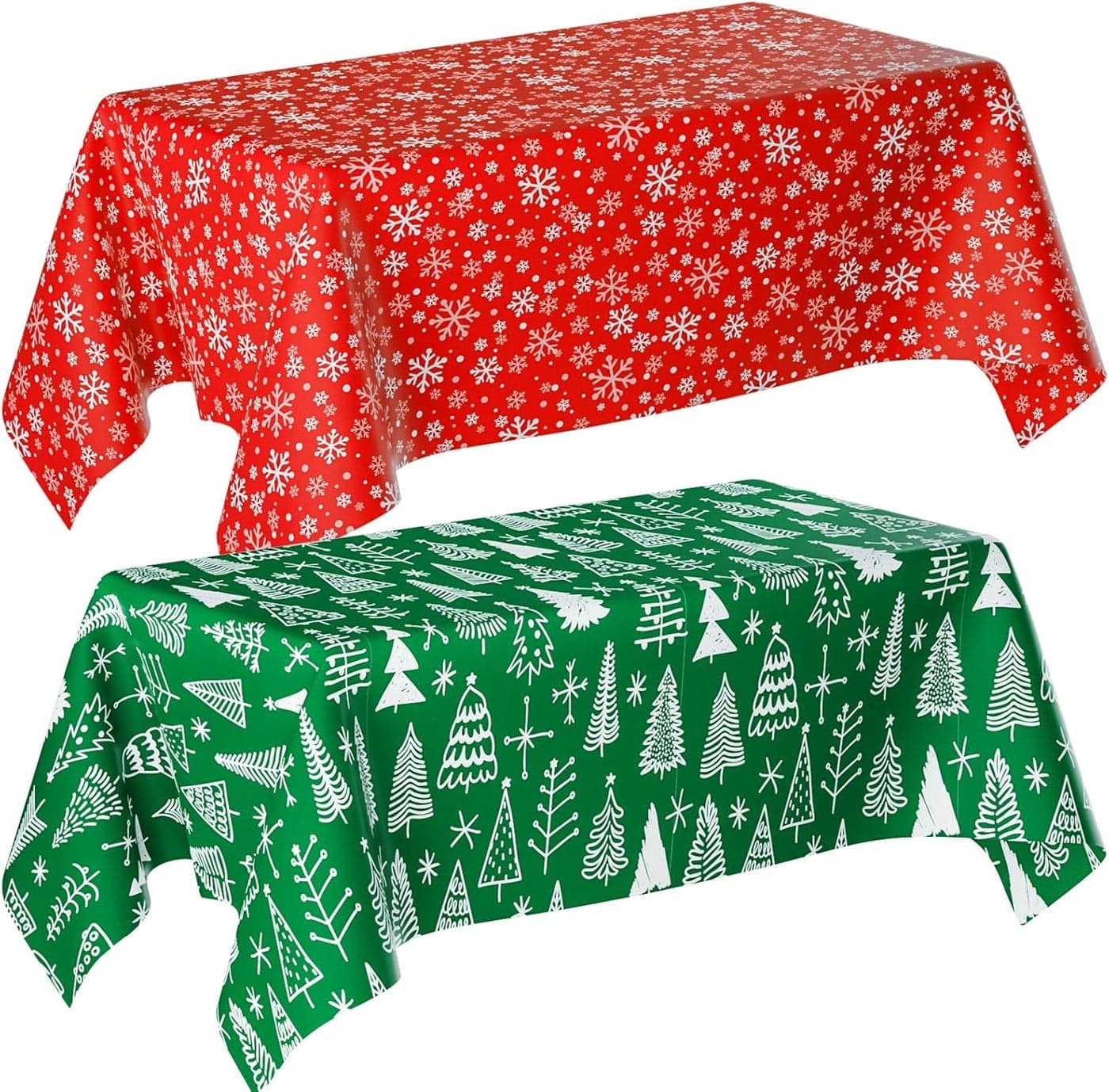 Oudain 2 Pcs Christmas Snowflake Tree Tablecloth Disposable Christmas Plastic Table Cover Rectangular Xmas Winter Tablecloth for Christmas Holiday Party Decoration Supplies 54x108 InchRed Green