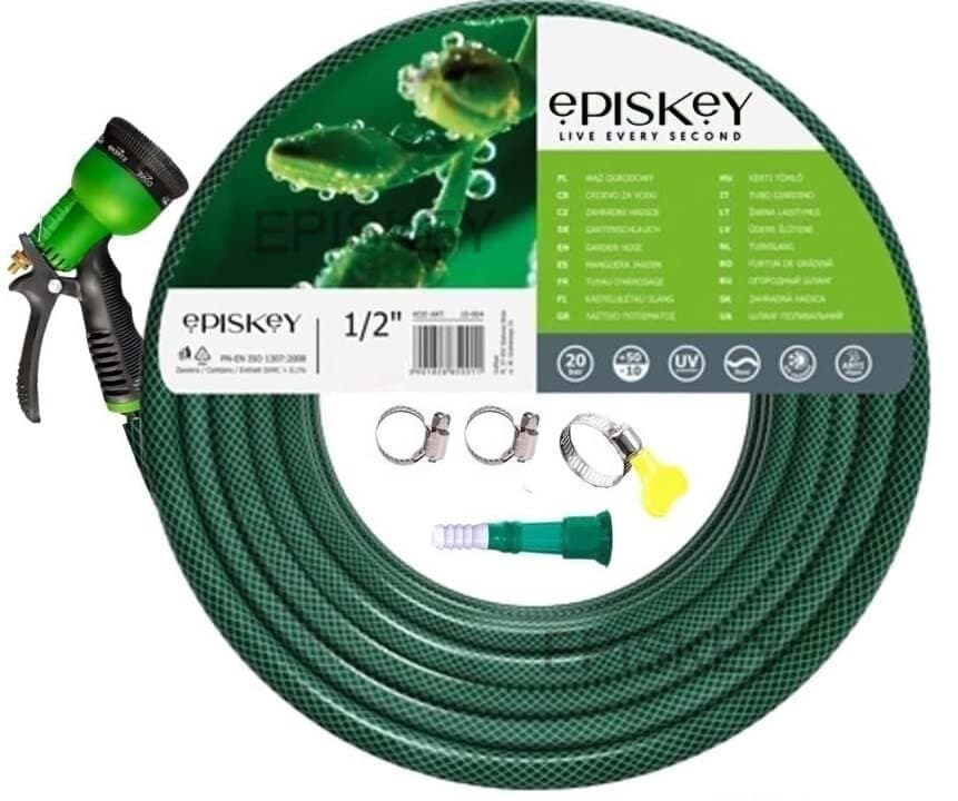 Episkey Heavy Duty 15 Meter Garden Hose Pipe | 1/2 Inch Flexible Water Pipe with Double Latex Core Braided Anti-Kink Outer Layer 8-Pattern SprayGun, Tap Connector & 2 Clamps | Leak-Proof, UV-Resistant
