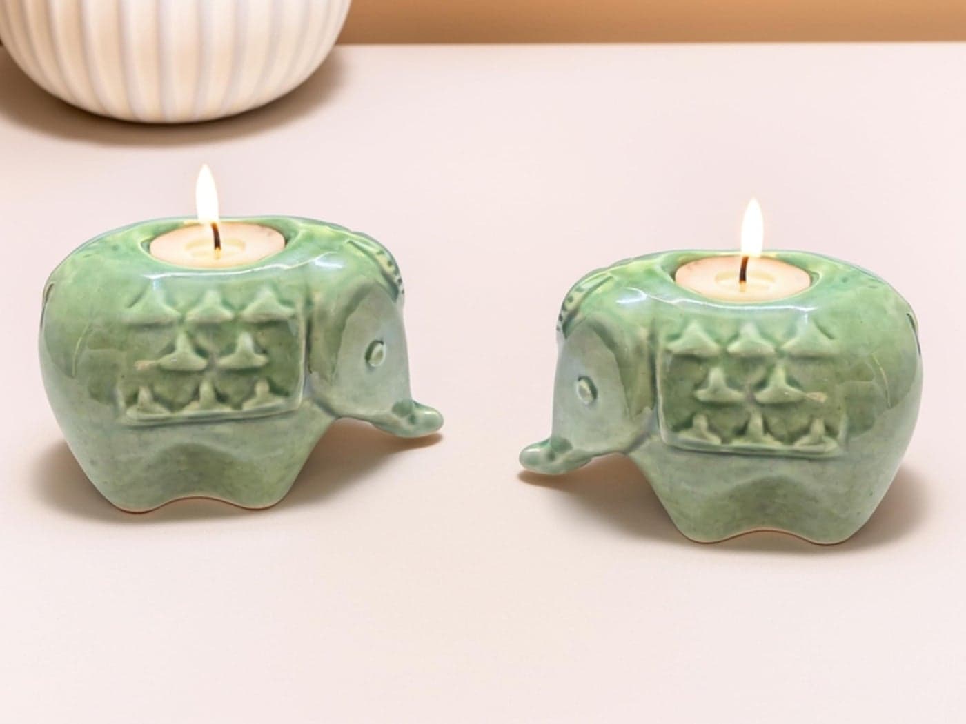 Bodhi House Handcrafted Ceramic Elephant Diya for Puja | Tealight Candle Holder for Dining Table, Home Decor & Gifting | Decorative Candle Holder Votive for Diwali Decor | Pack of 2, Green