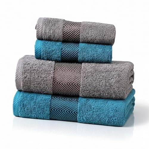 FASH HOME INTERNATIONAL 500 GSM 100% Cotton Highly Absorbent Super Luxury Large Couple Bath Towel Set and Hand Towel Set (Grey and Teal) Combo Pack of 2 Each