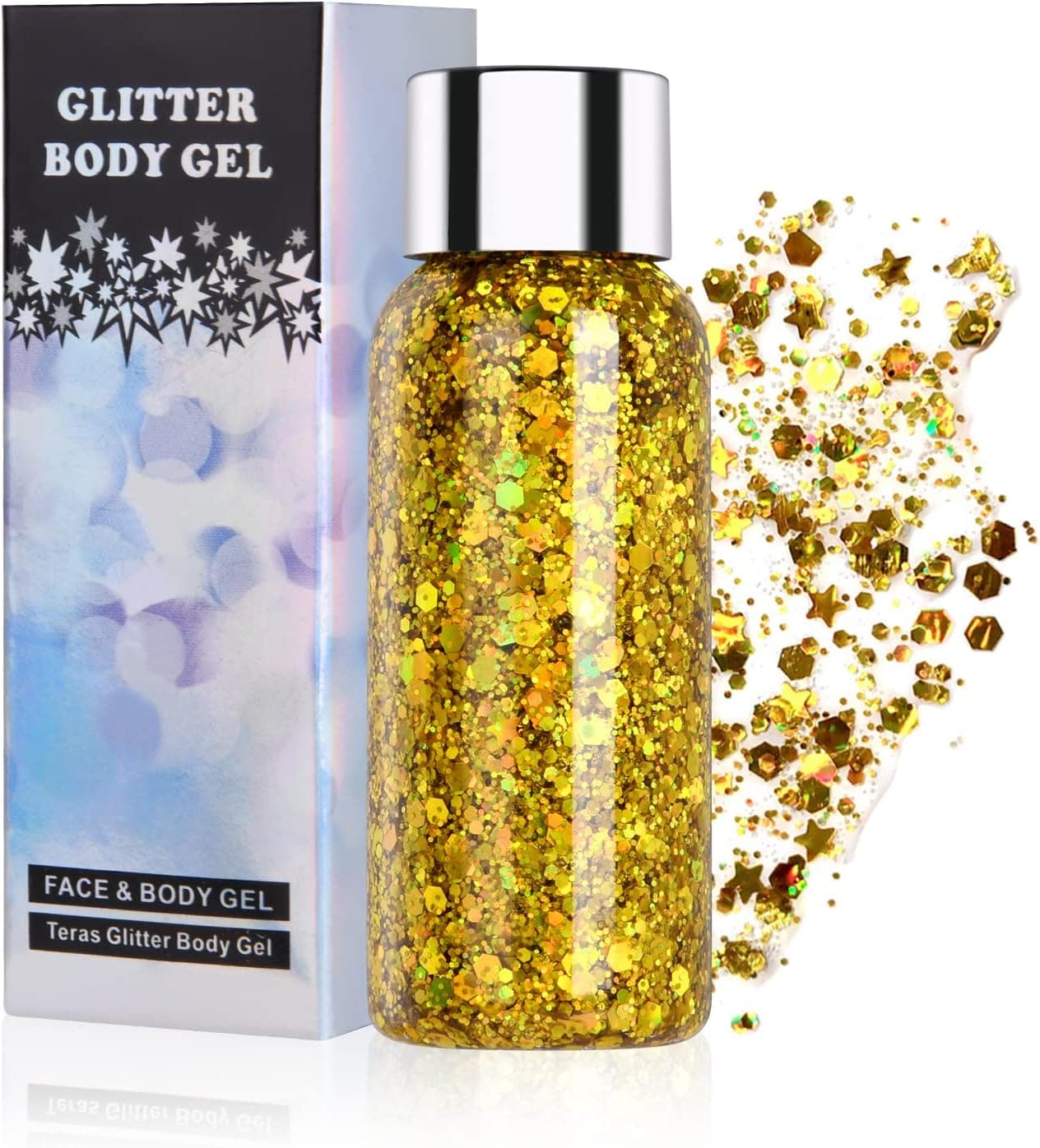URAQT Holographic Mermaid Sequins Chunky Cosmetic Glitter Face and Body Gel Sparkling Festival Party Lotion Glitter for Face Body Eye Hair Nail Makeup and DIY Art Gold