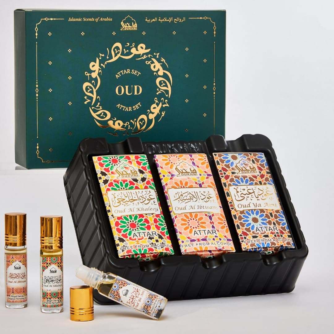 Oud Attar Oil Set by Dukhni Arab perfume oils for men and women 3 assorted roll on perfume scents x 6ml Arabian oudh oil fragrances Eid Ramadan Gift Set Halal Vegan Islamic Fragrances