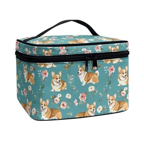 JoyLamoria Corgi Floral Makeup Bag Handbag Tote Bag Casual Cute Cosmetic Bag Brush Bag Toiletry Bag