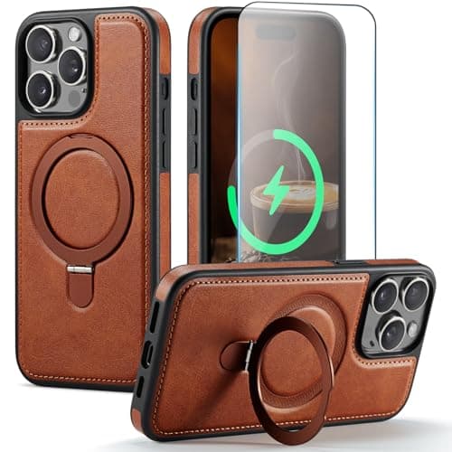 CHEEWADA Compatible with iPhone 15 Pro Case with Stand, Compatible with MagSafe, Slim PU Leather & Durable TPU Protective Cover Drop-Proof with Tempered Glass Screen Protector 6.1", Brown