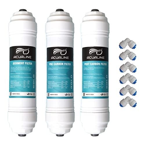 ACUALINE Gold Inline Filter Set Pre Carbon, Post Carbon (GAC), Sediment Filter, Push Fit Elbow Connectors, Compatible with Dolphin, Bluestar and Other RO System