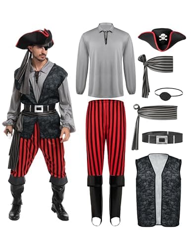 Spooktacular Creations Men Pirate Costume, Adult Grey Pirate Shirt Vest Viking Pants Hat Accessories Set for Halloween Themed Trick or Treating Cosplay Parties (Small)