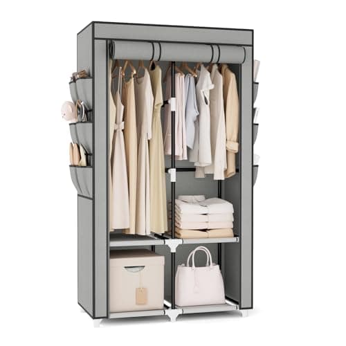 VTRIN Portable Closet Wardrobe for Hanging Clothes with 4 Storage Shelves, 2 Hanging Rods and 6 Pockets, Stable and Easy Assembly Clothes Rack with Cover Free Standing Closet for Bedroom, Grey