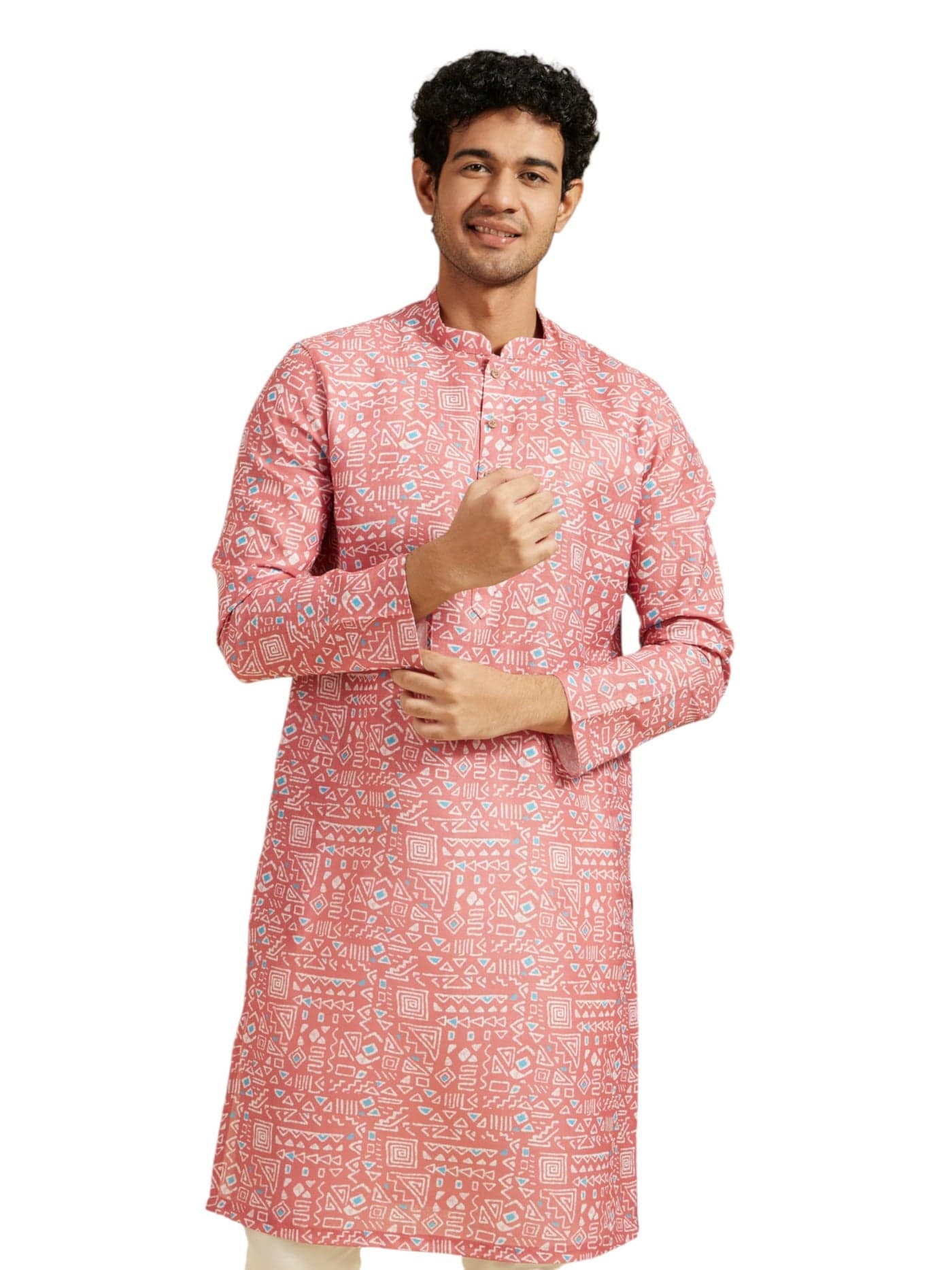 DIWAS BY MANYAVAR Men's Cotton Blend Printed Kurta (Coral,XXL)