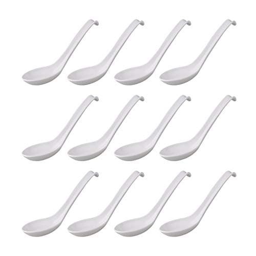 Comicfs Asian Soup Spoons 12 pieces, 12HSP-W, Large Japanese Soup Spoons, Soba Rice Pho Ramen Noodle Soup Spoon, Chinese Won Ton Soup Spoon, Hook Style (12 Spoons, White)