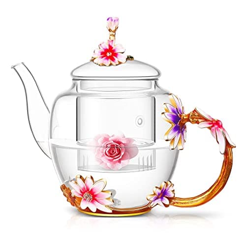 Luka Tech 35OZ Enamel Glass Flower Teapot With Removable Loose Tea Leaf Infuser Tea MakerGifts For WomenMomMothers DayChristmasBirthdayValentines Day