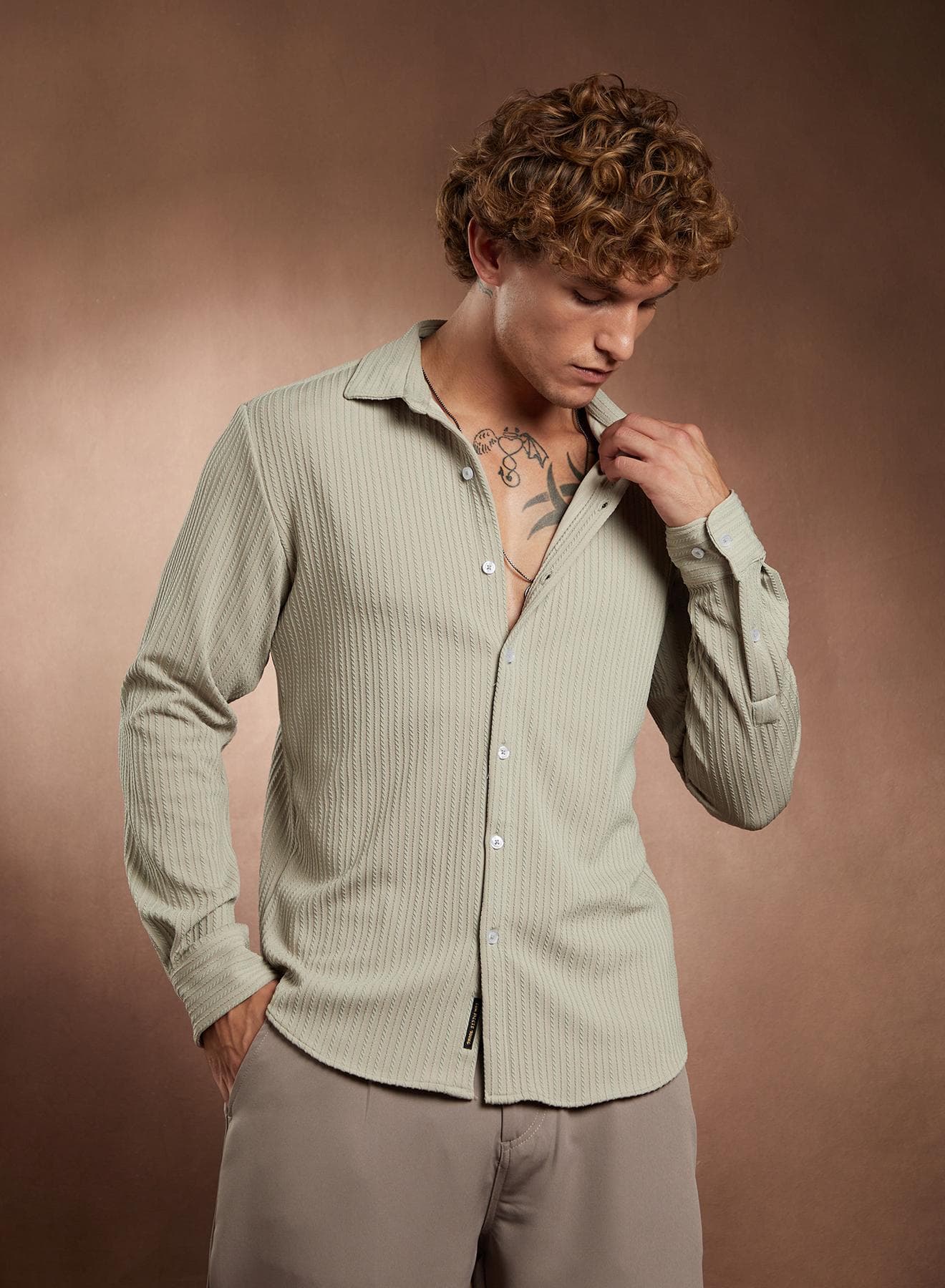 Men's Ecru Beige Rope-Striped Tactile Shirt