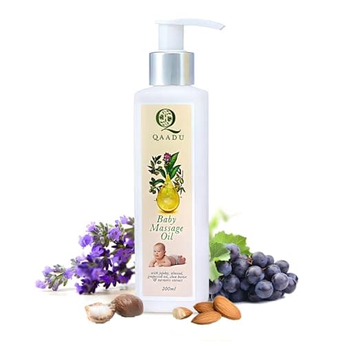 QAADU Soothing Baby Massage Oil 200ml Suitable from New Born to Teenagers | Massage Oil With Shea Butter, Turmeric, Grapeseed Oil | Soothing & Non-Sticky Oil for Nourishment | Mild Pleasant Fragrance