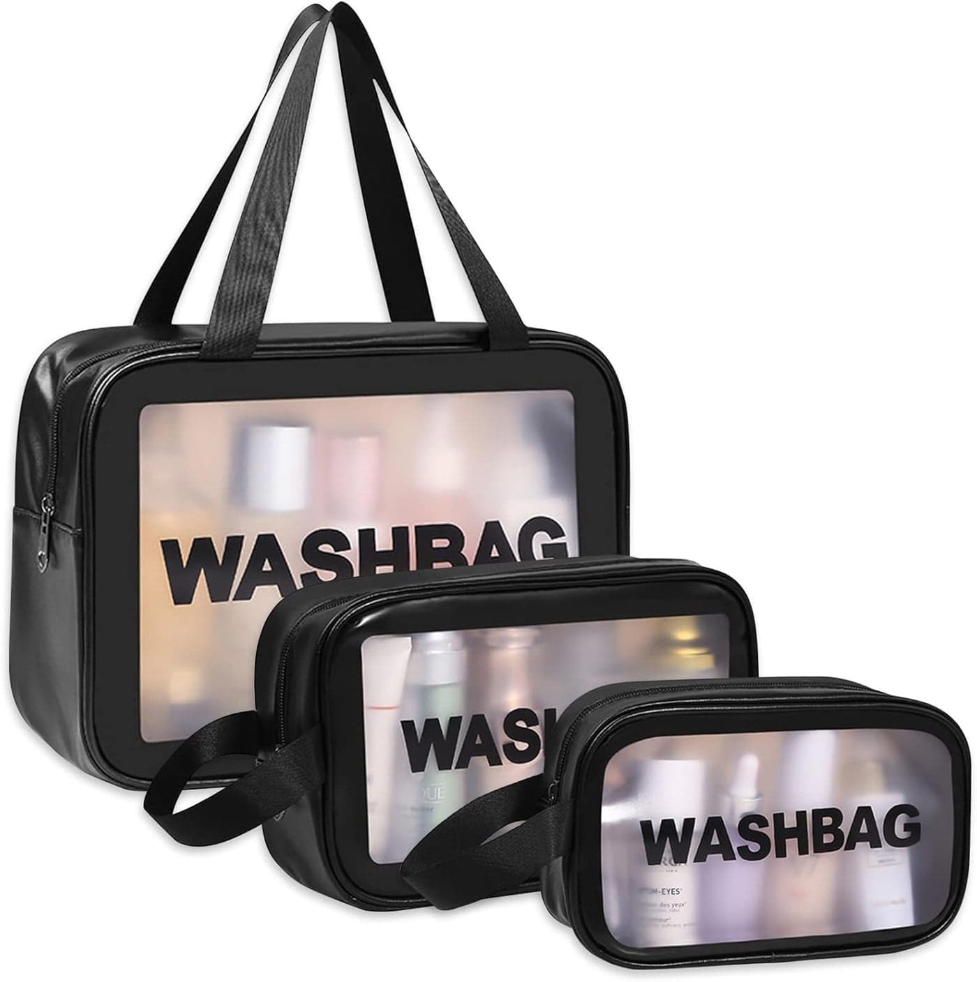 Wazdorf Cosmetic Pouch Bag – Large Waterproof Wash Bag with Handle, Translucent Cosmetic Organizer for Makeup, Brushes & Accessories – Unisex Storage Pouch for Travel & Bathroom Use (Black-3 Pcs)