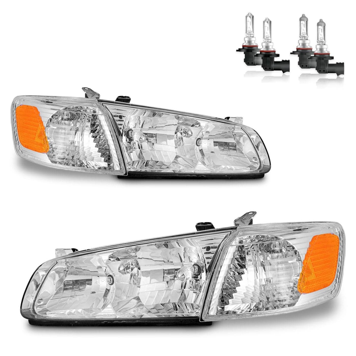 KarSpareHub Headlights Assembly for 20002001 Toyota Camry CE LE XLE Headlamp Replacement with Amber Corner Lamps Chrome Housing Amber Reflector Pair Set