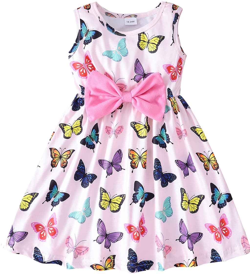 Little Girls Bowknot Dress Butterfly Print Sleeveless Party Summer Outfits Baby Girls Casual Dresses Butterfly12722T 23T