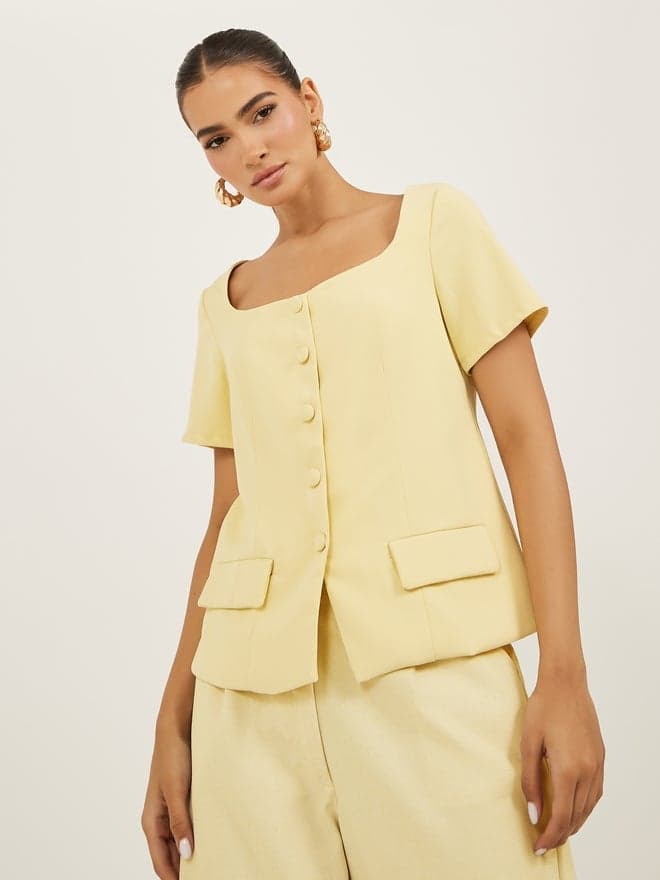Solid Square Neck Tailored Top With Front Button