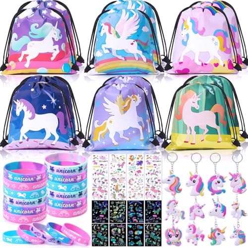 Winrayk 12 Sets Unicorn Party Favors Birthday Supplies for Girls Drawstring Bag Glow Tattoo Sticker Silicone Bracelet Keychain Goodie Bag Stuffer Filler Kids Rainbow Unicorn Party Supplies Decor