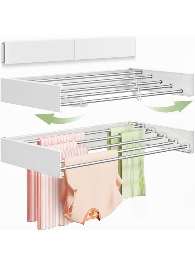 Wall Mounted Clothes Drying Rack 32", Foldable Wall Mount Laundry Rack Folding Indoor, Drying Rack Clothing Collapsible, Hidden Space Saver with Wall Template, 5 Rods, White