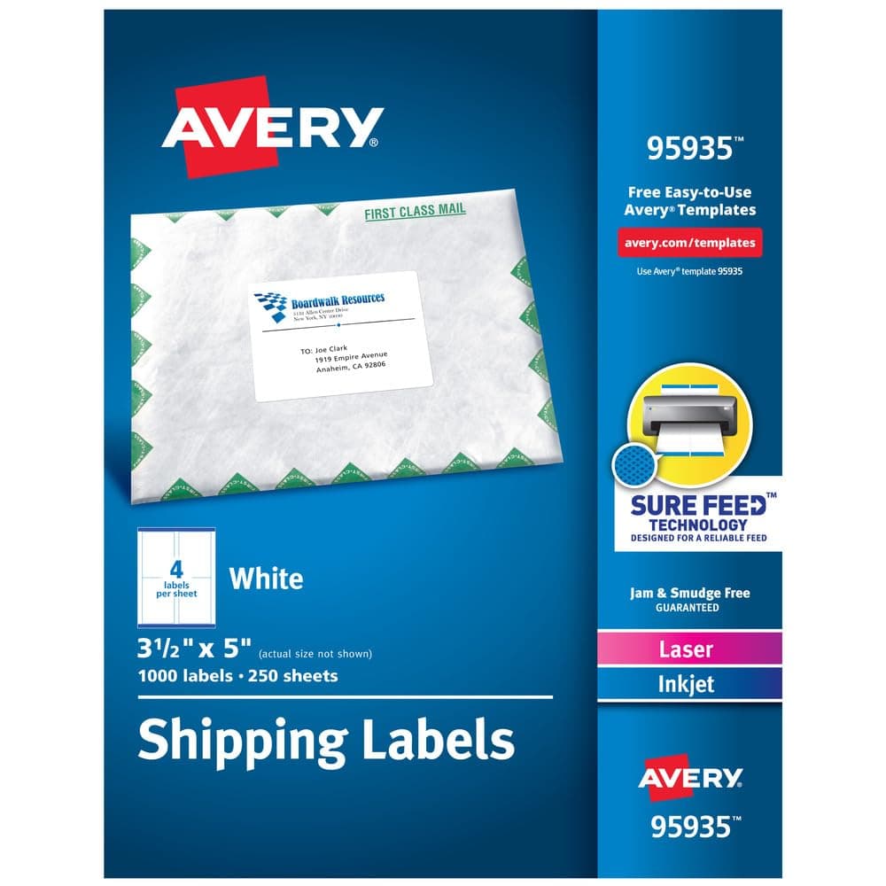 Avery Printable Shipping Labels with Sure Feed 35 x 5 White 1000 Blank Mailing Labels 95935