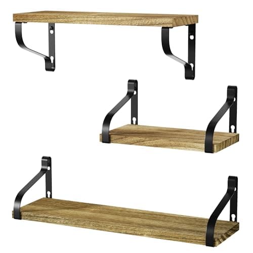Love-KANKEI Floating Shelves Wall Mounted Set of 3, Rustic Wood Wall Storage Shelves for Bedroom, Living Room, Bathroom, Kitchen, Office and More Carbonized Black