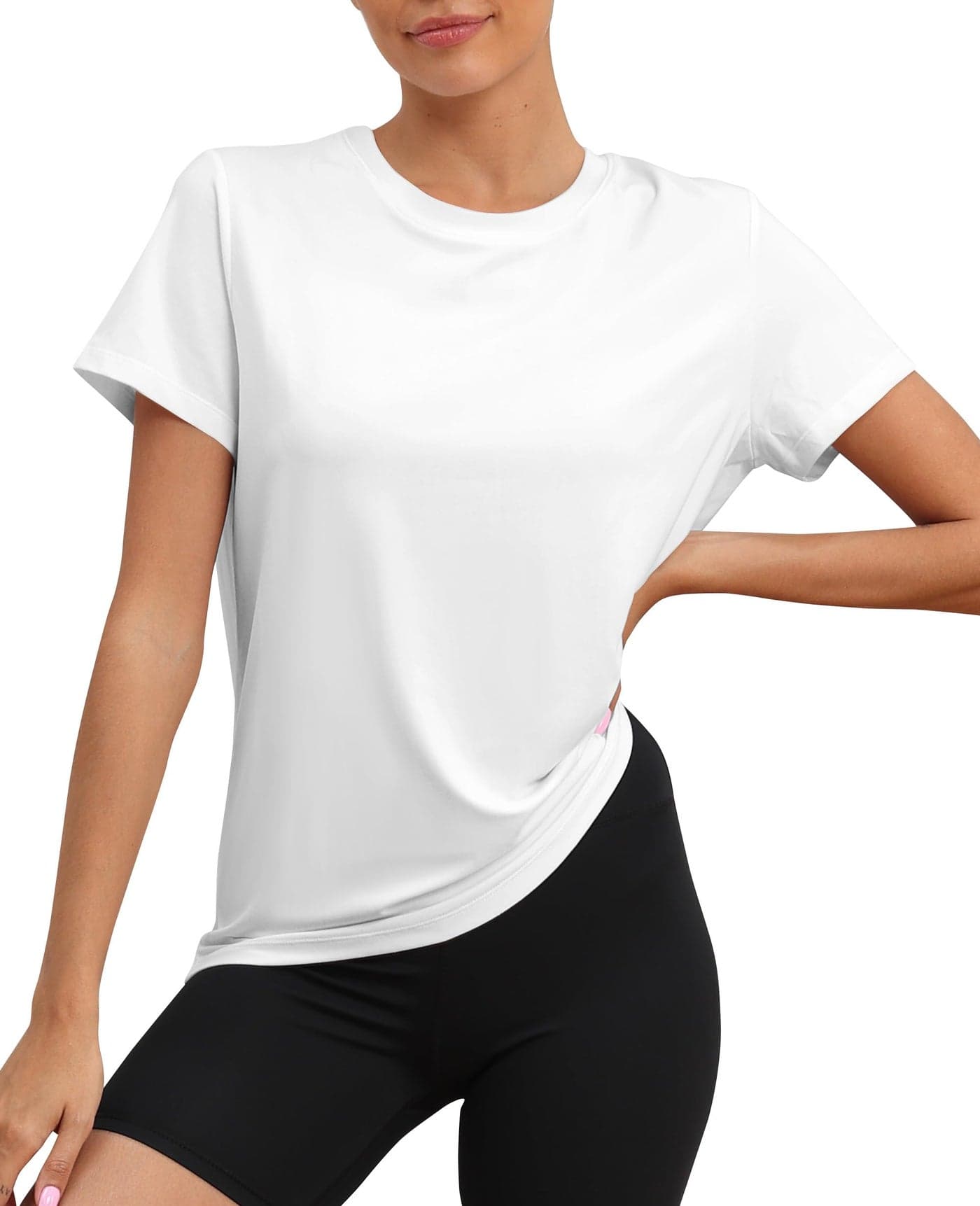 KevaMolly White Workout Tops for Women UPF50+ Breathable Loose Fit Yoga T Shirts Short Sleeve Running Gym Athletic Tee Top M