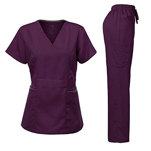 Medical Uniform Women's Scrubs Set Stretch Contrast Pocket Eggplant XS