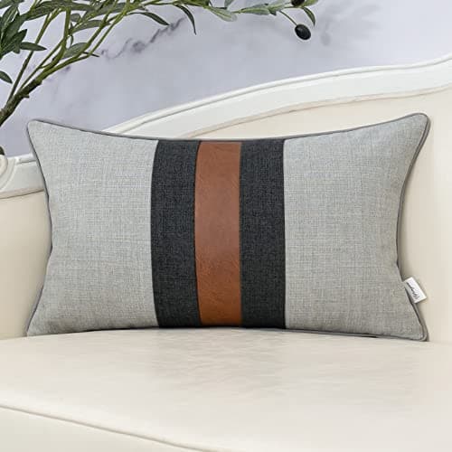 Yangest Patchwork Pillow Cover 12x20 Inch Luxury Cotton and Linen Cushion Cover Faux Leather Pillowcover for Couch Bedroom Living Room, Gray