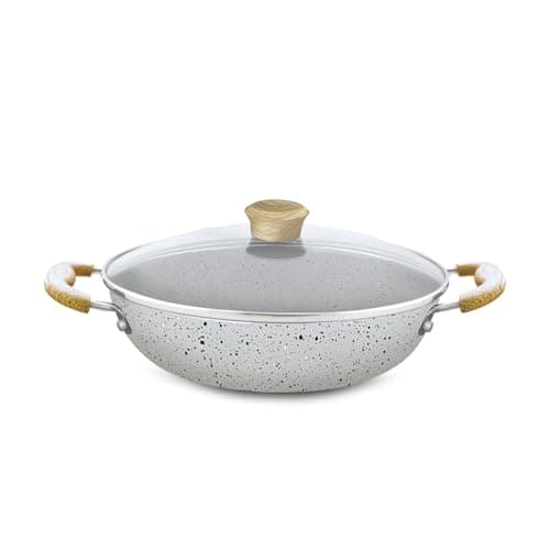 Nirlep Joy Series 24cm Kadhai with Glass Lid|Granite Finish Non-Stick Kadhai|Wooden Handles| Easy to Clean| Induction Base Kadhai| Easy Cooking| Soft Touch Handles| 1-Yr Warranty be Bajaj| Grey