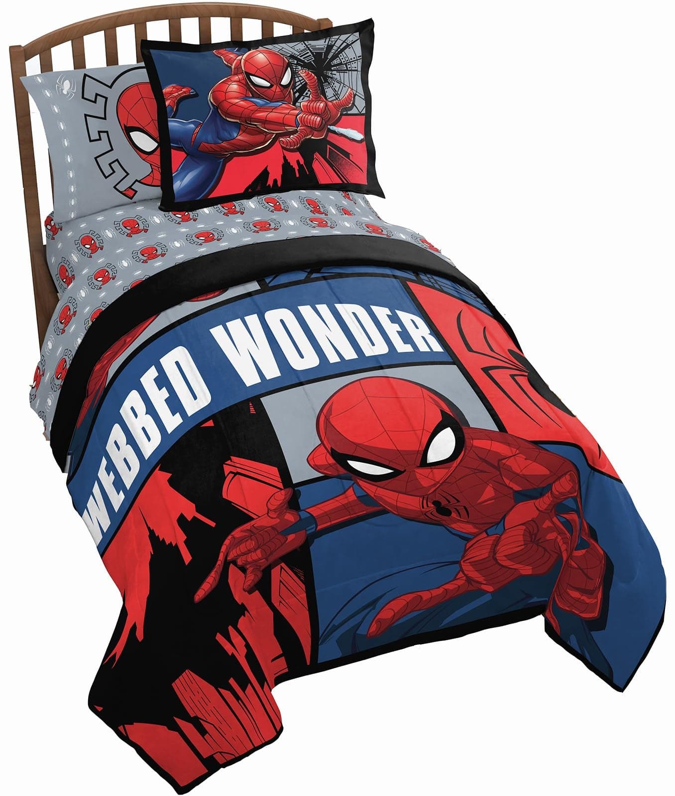 Jay Franco Marvel Spiderman Webbed Wonder 5 Piece Twin Bed Set Includes Comforter Sheet Set Bedding Features Spiderman Super Soft Fade Resistant Polyester Official Marvel Product