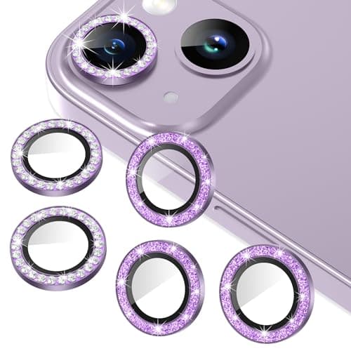 AGVEE 14/14 Plus 3+3 6 Pack for iPhone 13 6.1" / 13 Mini 5.4" Camera Lens Protector, Bling Diamond & Bling Glitter Metal Ring 9H Tempered HD Glass Camera Cover Film, Bling-Purple