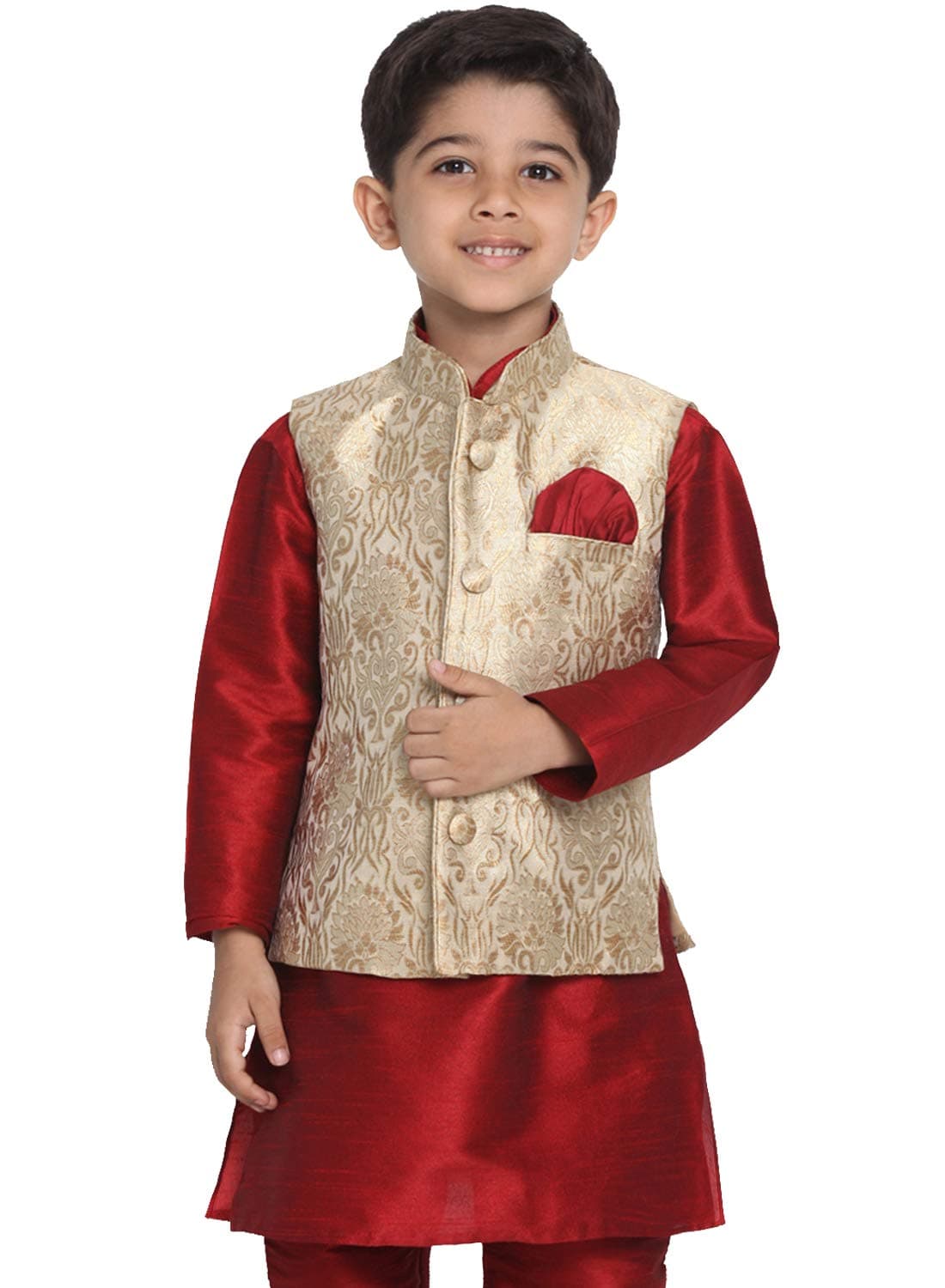 JBN Creation Boys' Rose Gold Silk Blend Nehru Jacket || Banarasi Brocade Woven Jacquard Modi/Nehru Jacket || Ethnic Wear for Festivals, Weddings_VASBJ024RG_26